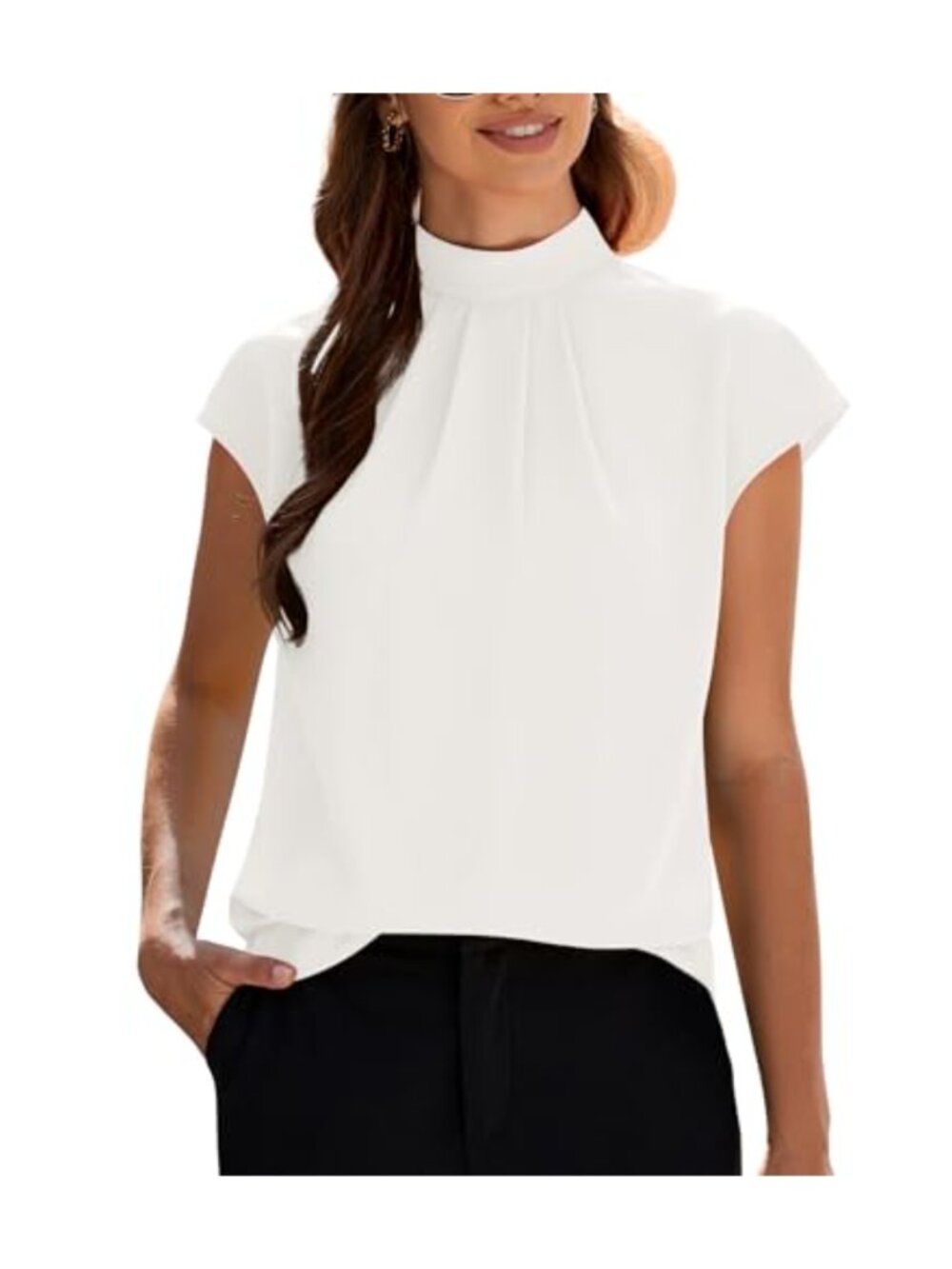 Women's Mock Neck Cap Sleeve Chiffon Tunic Blouse Front Pleated Business Casual